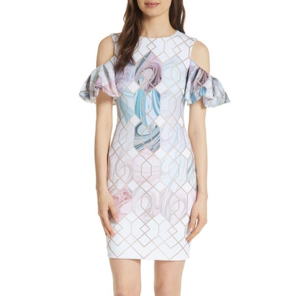 Ted Baker KRIMBA SEA OF CLOUDS Swirls Glitter Geometric Sheath Mini Dress, TB1 - Picture 4 of 14